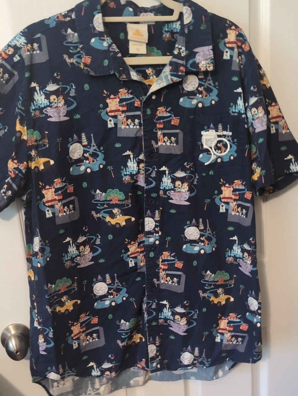 Men's 2X Disney Navy Button-Down Shirt with Multicolor Park Icons
